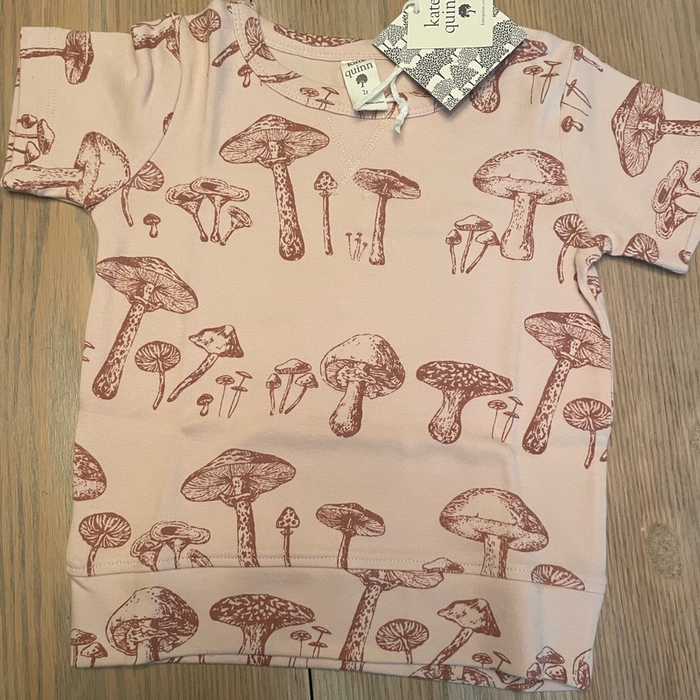 Kate Quinn girls tee. Pink mushrooms. 2T Organic cotton.